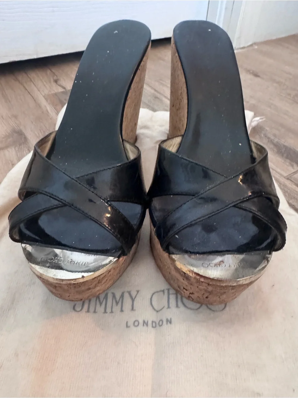 Jimmy Choo Black Patent Cork Platform Slide Sandals